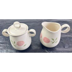 Vtg Vernon Kilns Ware 50s Rose A Day Sugar Bowl & Creamer W/ Lid Ivory Flower